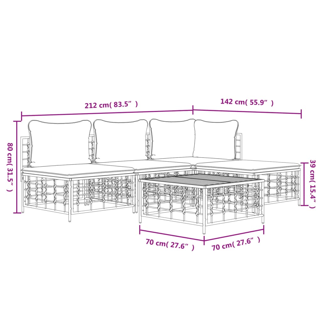 5-Delige Loungeset Met Kussens Poly Rattan Antracietkleurig