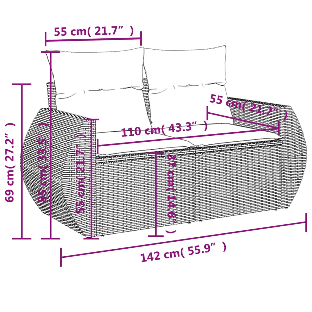 Tuinbank Met Kussens 2-Zits Poly Rattan