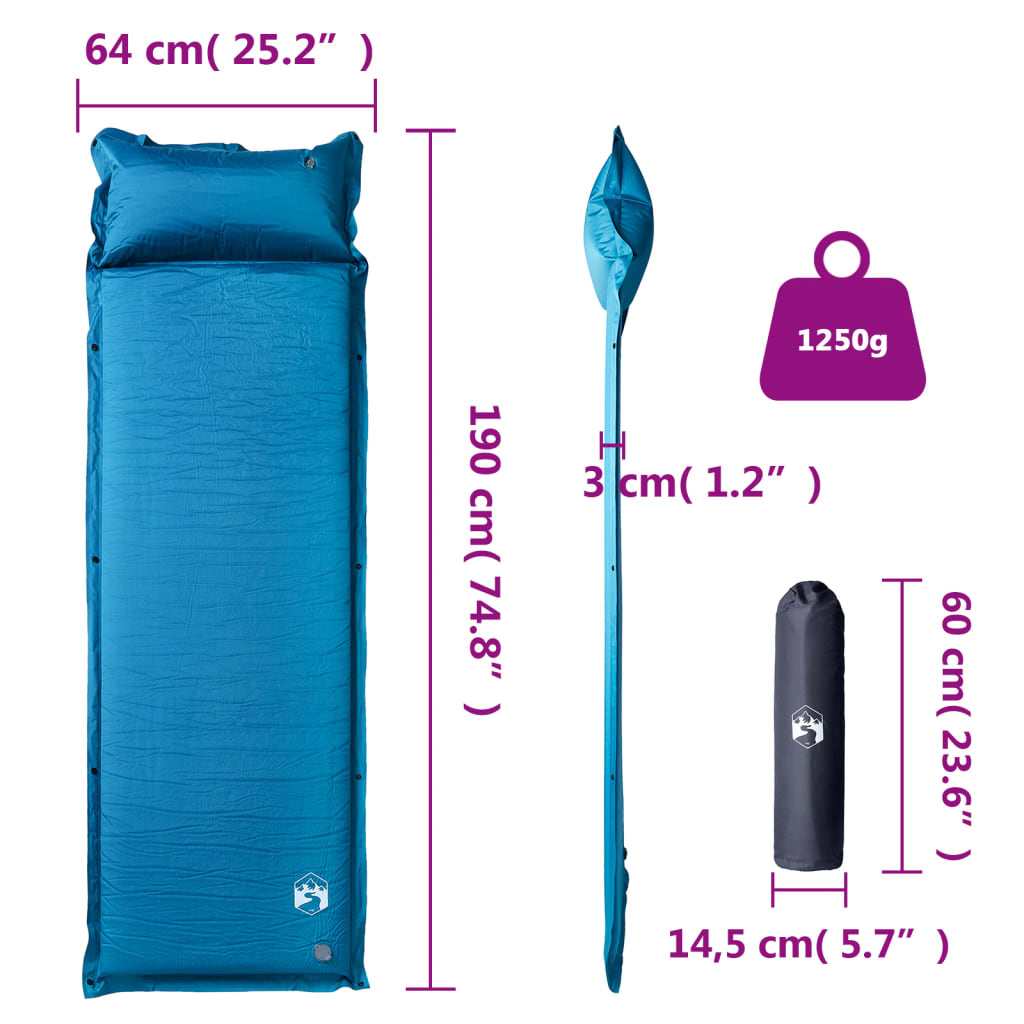 Kampeermatras met kussen zelfopblazend 1-persoons turquoise