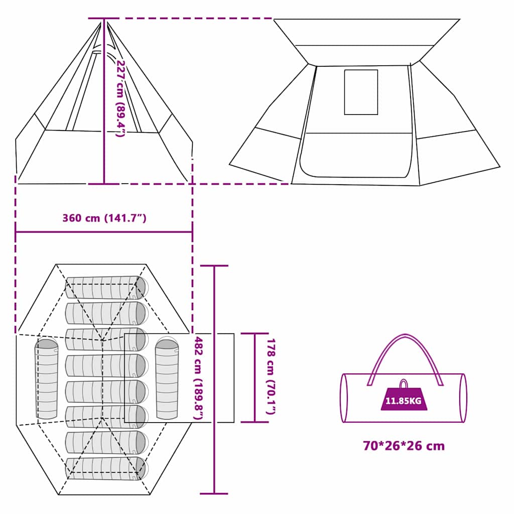 Camping Tent met dak met opslag Blauw 482 x 360 x 227 cm taft