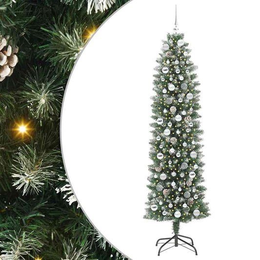Kunstmatige slanke kerstboom met 300 LED Groen en Wit 210 cm