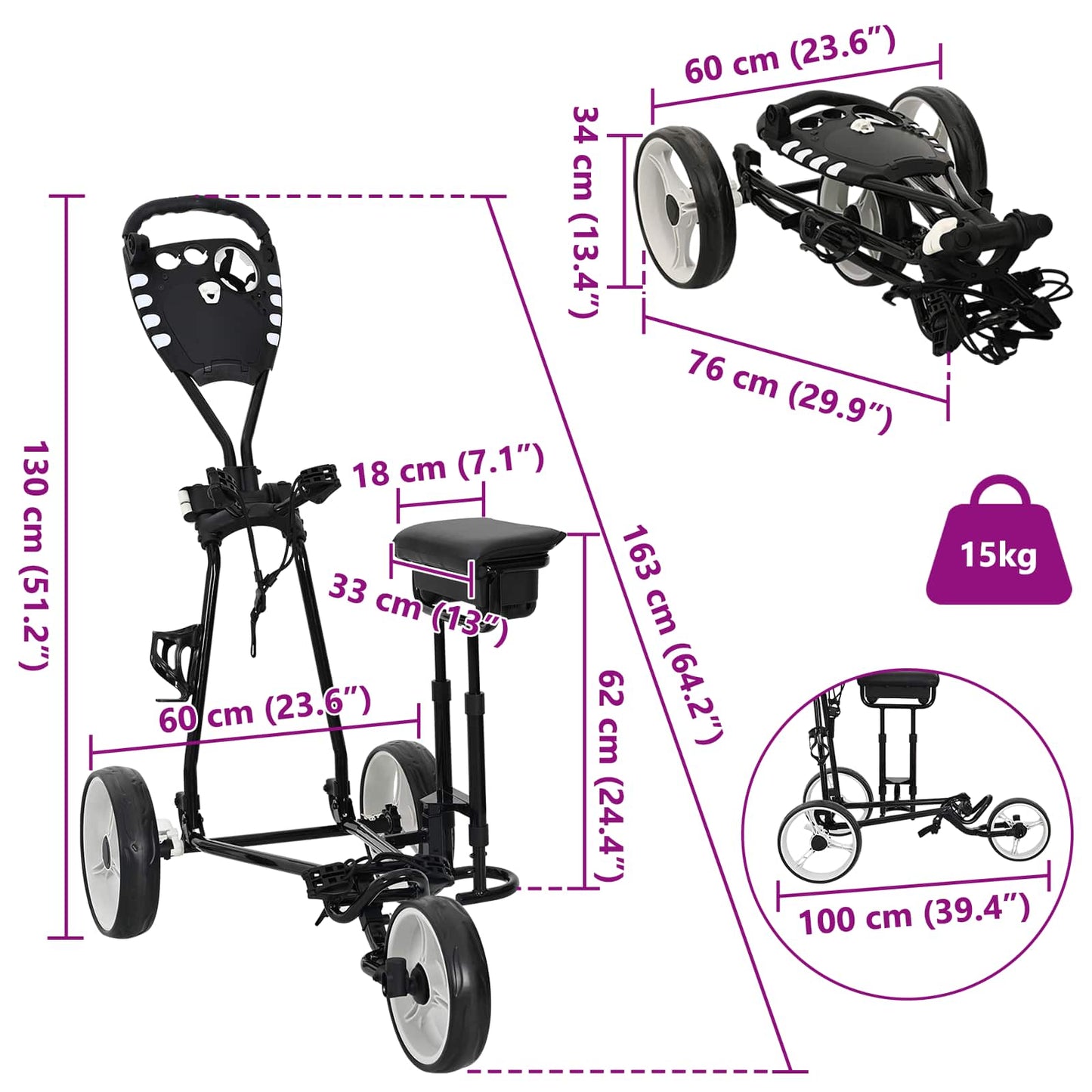 Golf Trolley Met Zitplaats Zwart En Wit 100 X 60 X 130 Cm Ijzer