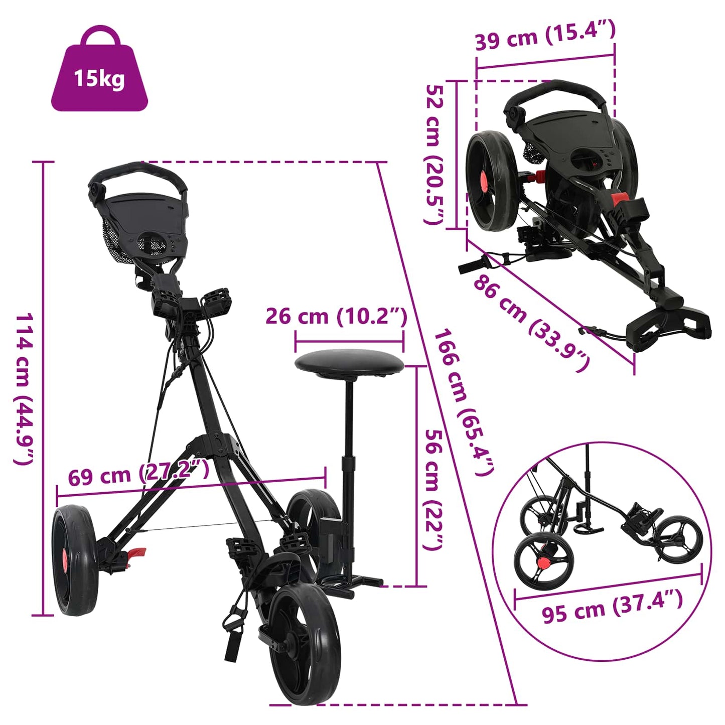 Golf Trolley Met Zitplaats Zwart 95 X 69 X 114 Cm Ijzer