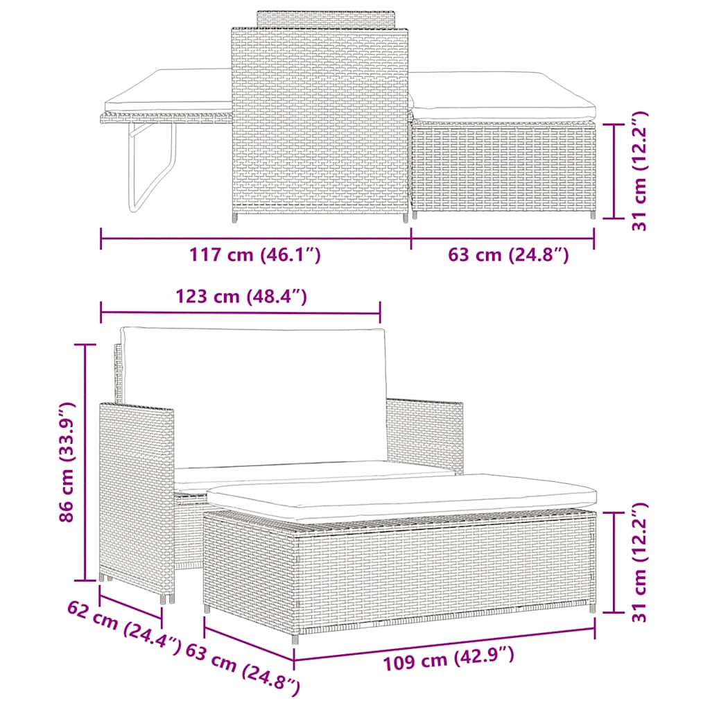 2-Delige Loungeset Met Kussens Poly Rattan
