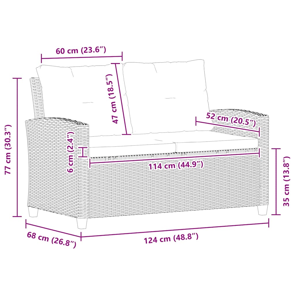 Tuinbank 2-Zits Met Kussens 124 Cm Poly Rattan