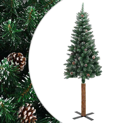 Kerstboom met echt hout en sneeuw smal 150 cm groen
