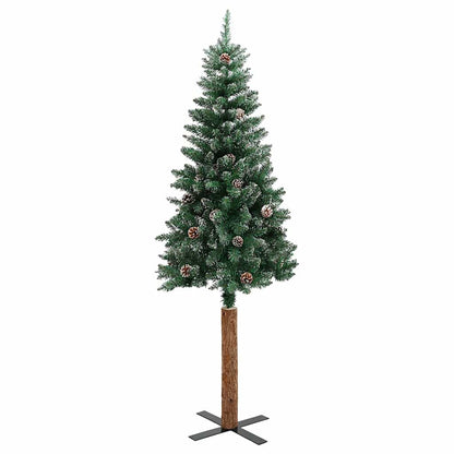 Kerstboom met echt hout en sneeuw smal 150 cm groen