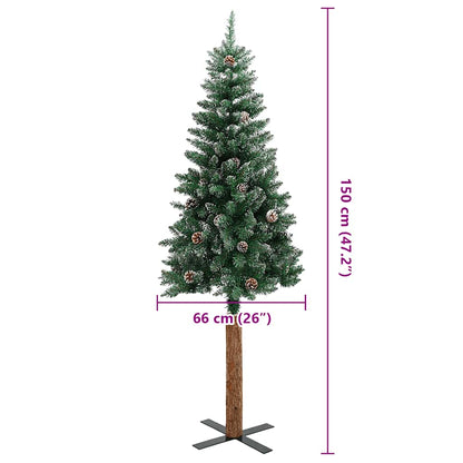 Kerstboom met echt hout en sneeuw smal 150 cm groen