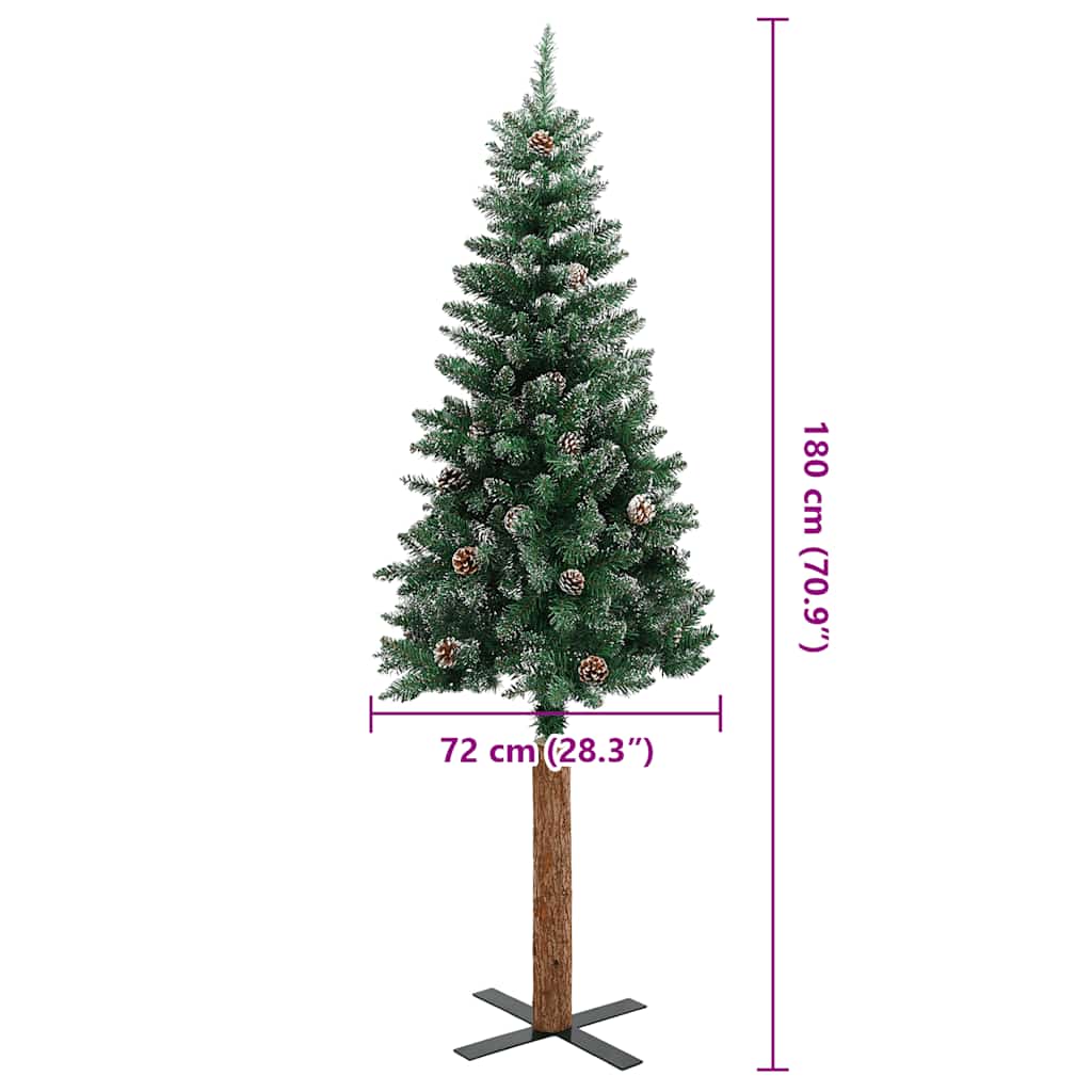 Kerstboom met echt hout en sneeuw smal 180 cm groen