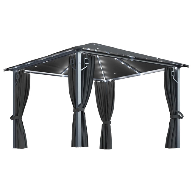 Prieel Met Gordijn Led-Lichtslinger 3X3 M Aluminium