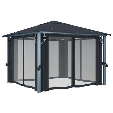 Prieel Met Gordijn Led-Lichtslinger 3X3 M Aluminium