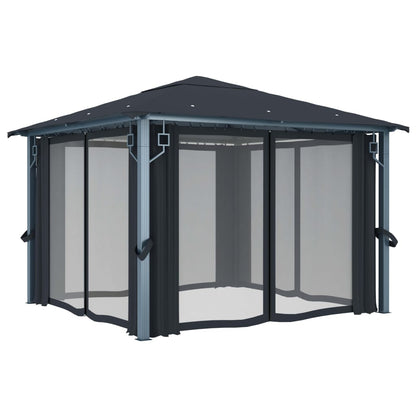 Prieel Met Gordijn Led-Lichtslinger 3X3 M Aluminium