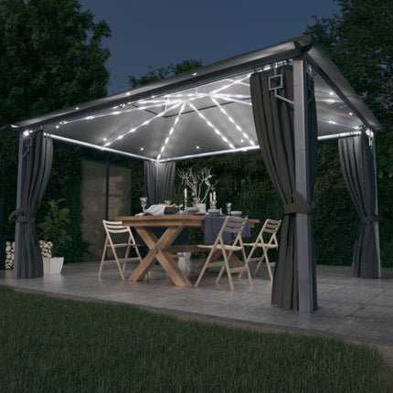 Prieel Met Gordijn Led-Lichtslinger 3X3 M Aluminium