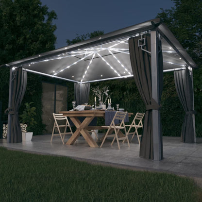 Prieel Met Gordijn Led-Lichtslinger 3X3 M Aluminium