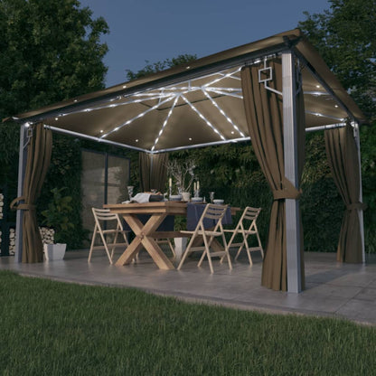 Prieel Met Gordijn Led-Lichtslinger 3X3 M Aluminium