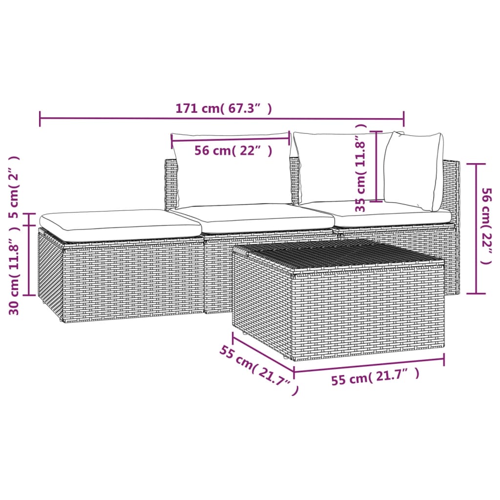 4-Delige Loungeset Met Kussens Poly Rattan Grijs