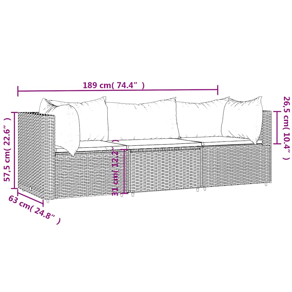 3-Delige Loungeset Met Kussens Poly Rattan