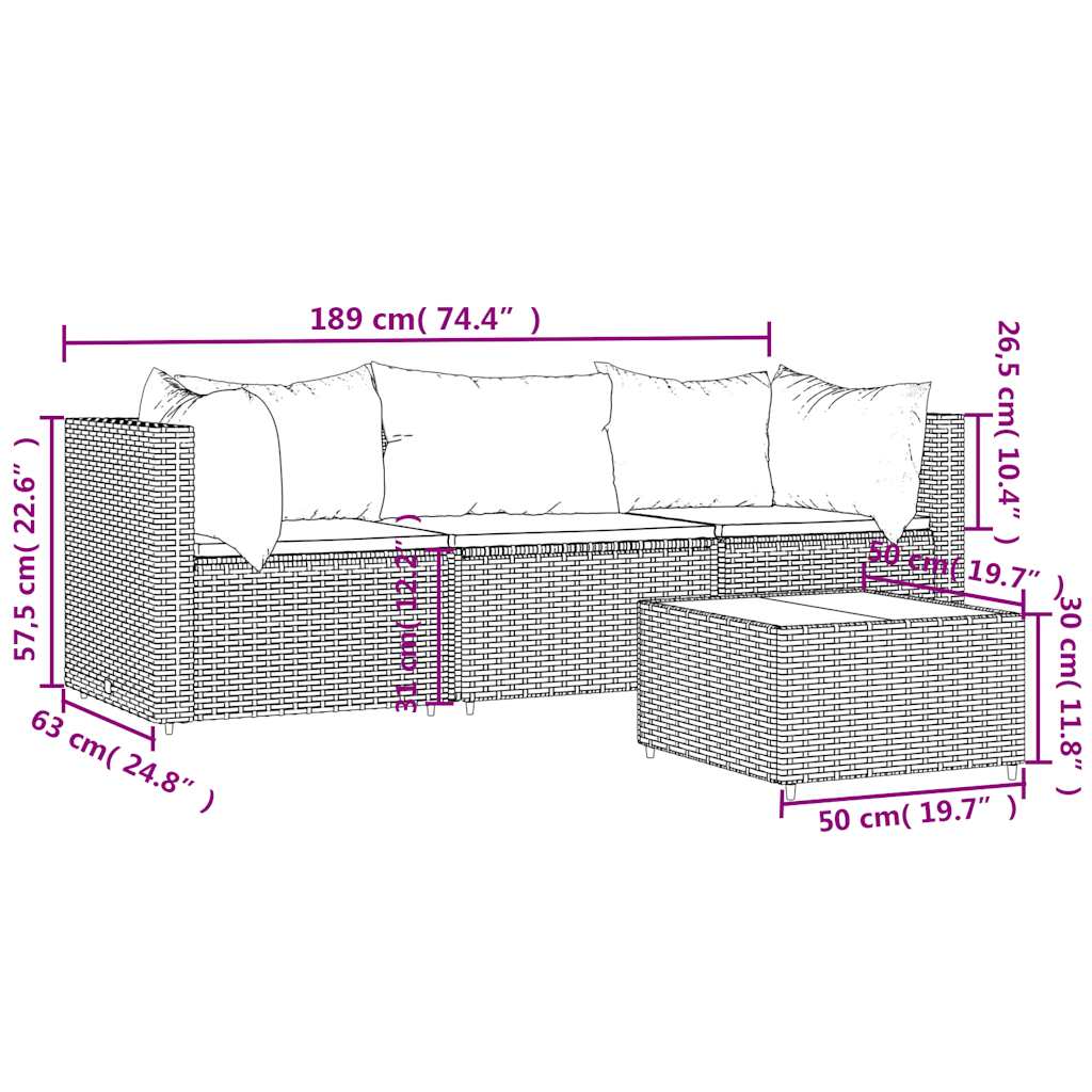 4-Delige Loungeset Met Kussens Poly Rattan