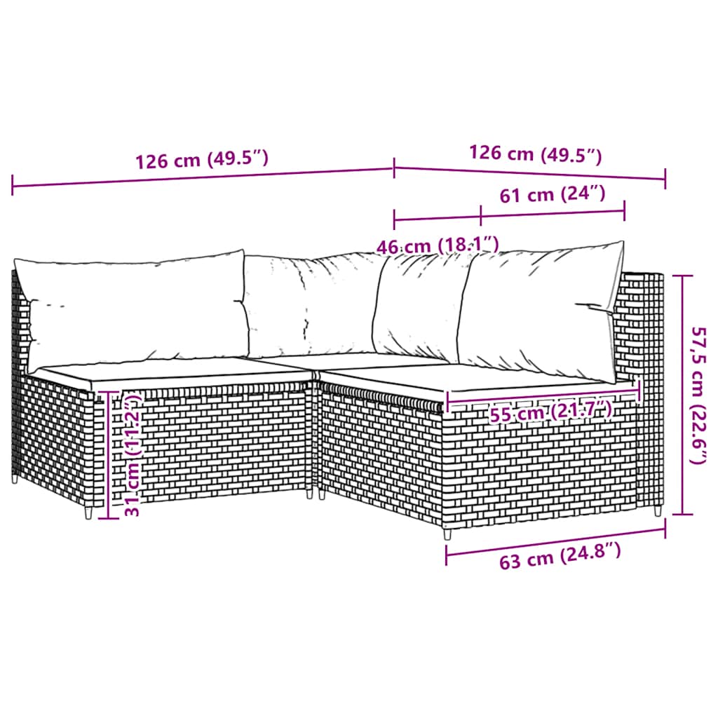 3-Delige Loungeset Met Kussens Poly Rattan