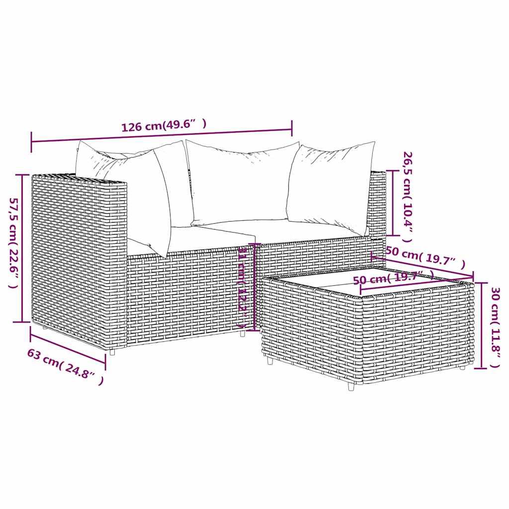 3-Delige Loungeset Met Kussens Poly Rattan