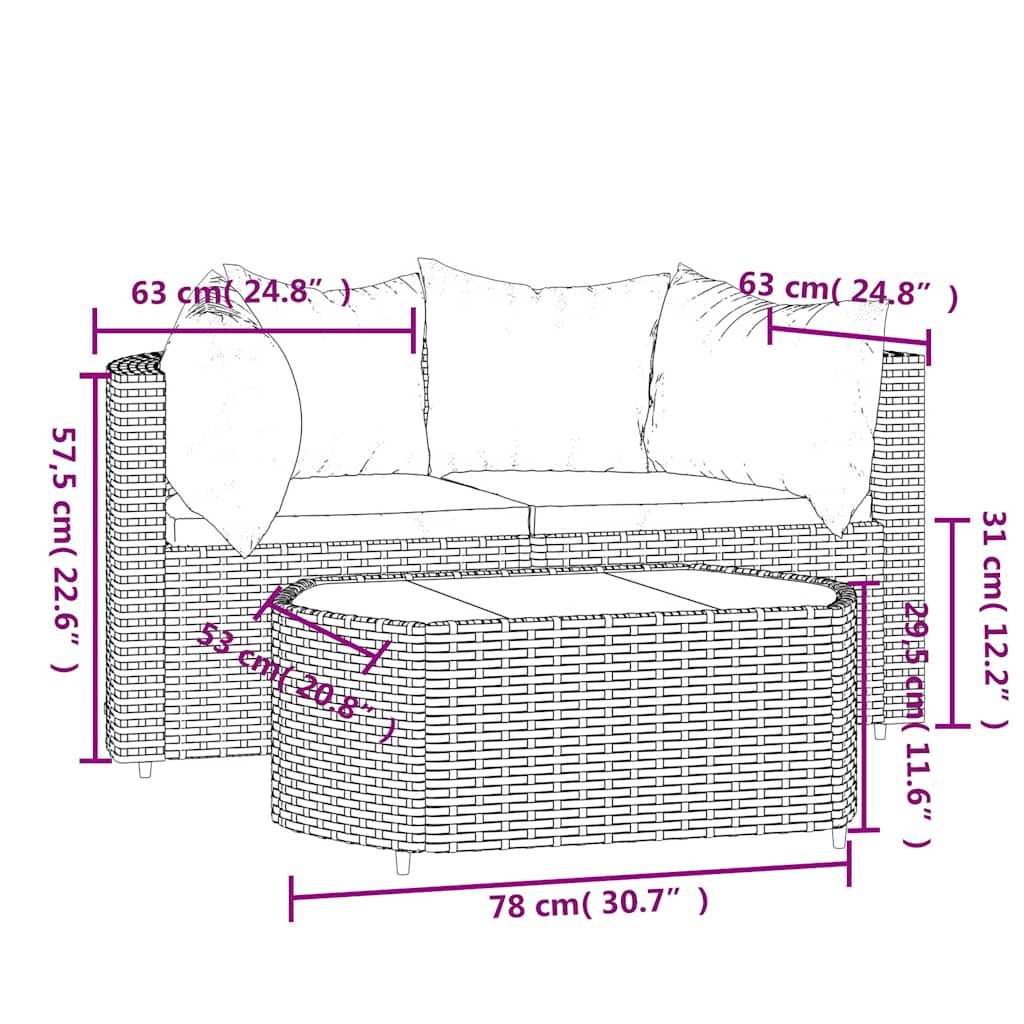 3-Delige Loungeset Met Kussens Poly Rattan