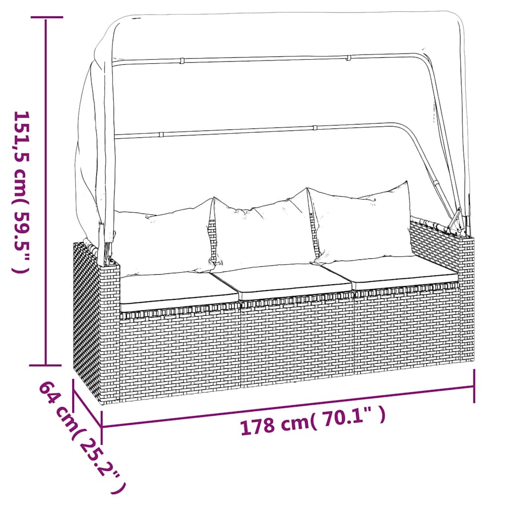 Tuinbank 3-Zits Met Dak En Voetenbank Poly Rattan