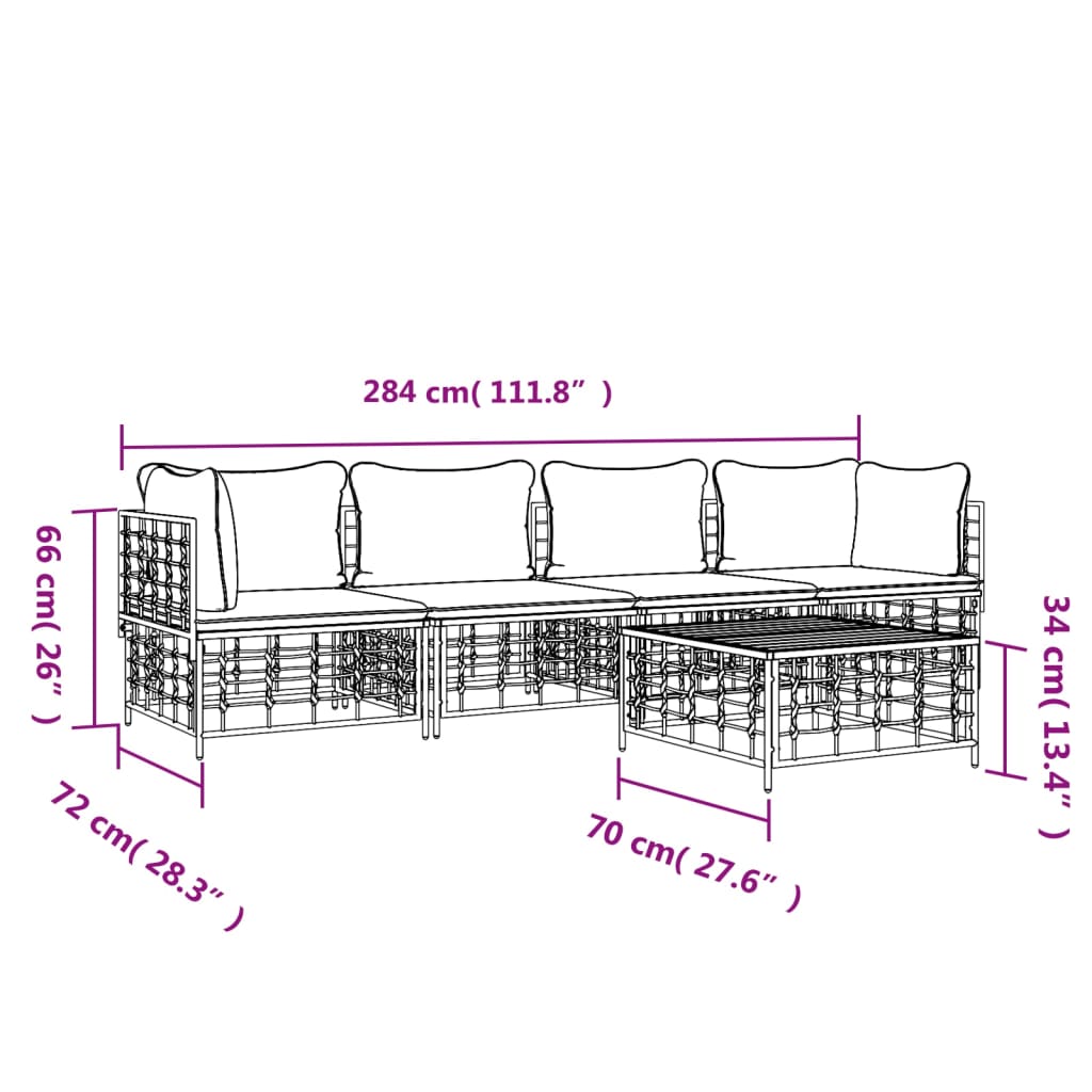 5-Delige Loungeset Met Kussens Poly Rattan Antracietkleurig