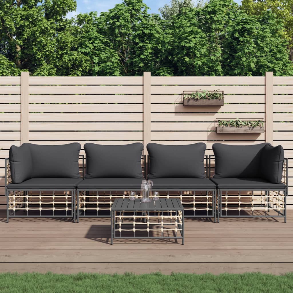 5-Delige Loungeset Met Kussens Poly Rattan Antracietkleurig