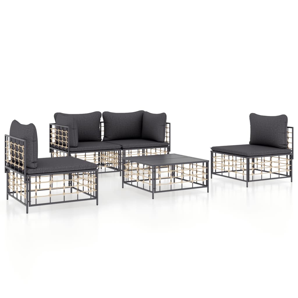 5-Delige Loungeset Met Kussens Poly Rattan Antracietkleurig