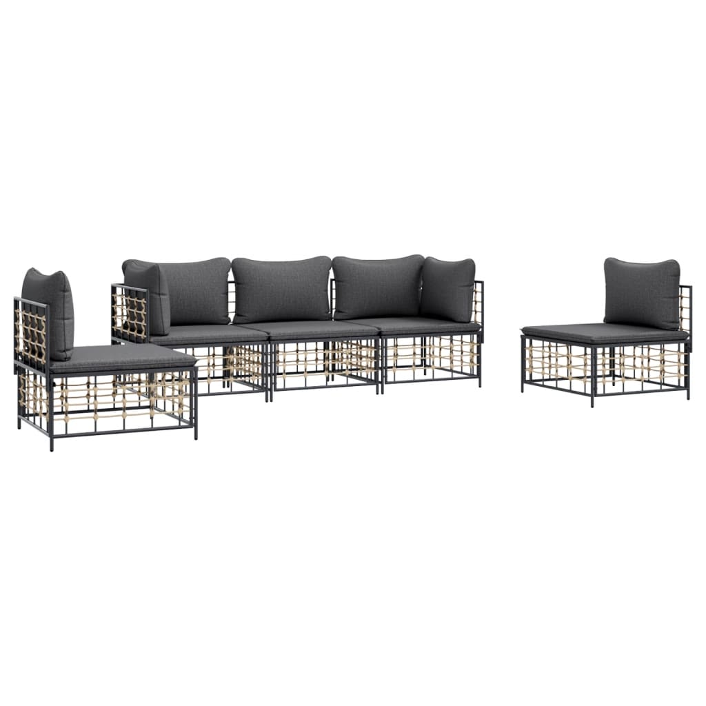5-Delige Loungeset Met Kussens Poly Rattan Antracietkleurig