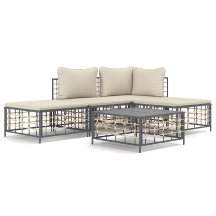 5-Delige Loungeset Met Kussens Poly Rattan Antracietkleurig