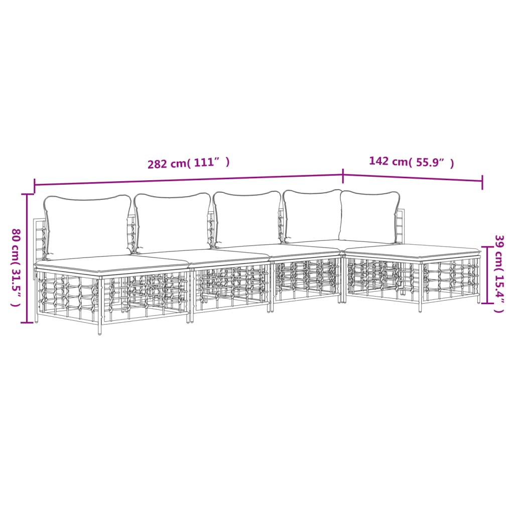 5-Delige Loungeset Met Kussens Poly Rattan Antracietkleurig
