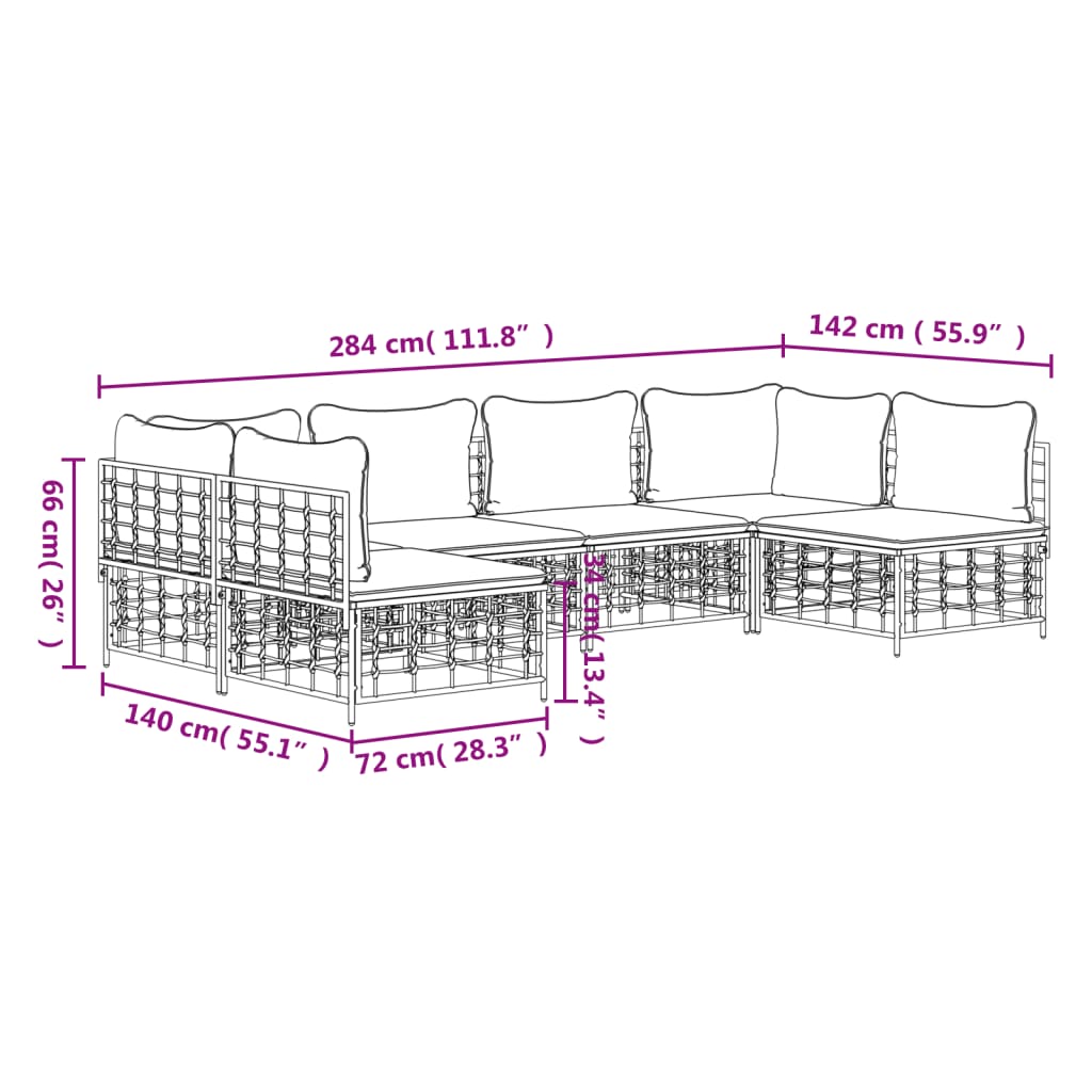 6-Delige Loungeset Met Kussens Poly Rattan Antracietkleurig