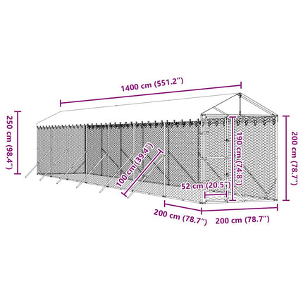 Hondenkennel Met Dak 2X14X2,5 M Gegalvaniseerd Staal Zilver