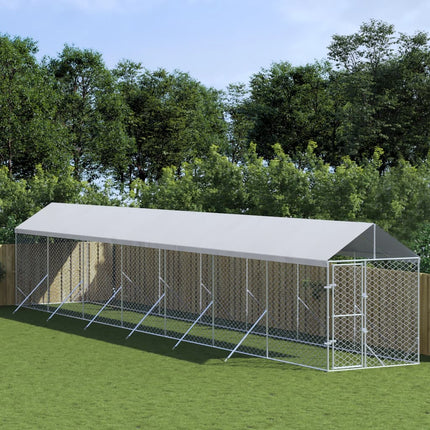 Hondenkennel Met Dak 2X14X2,5 M Gegalvaniseerd Staal Zilver