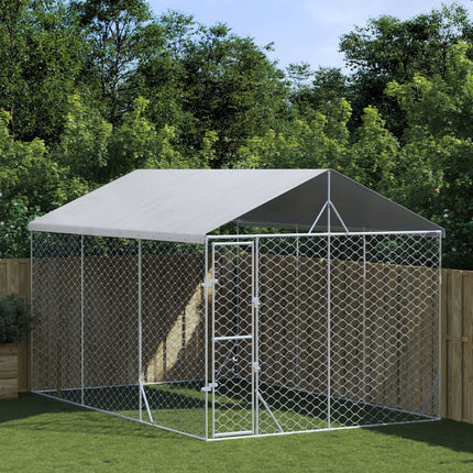 Hondenkennel Met Dak 3X4,5X2,5 M Gegalvaniseerd Staal Zilver