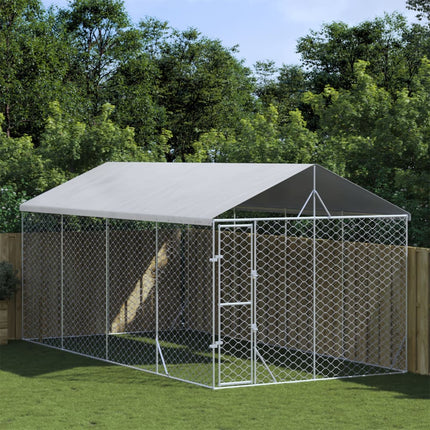 Hondenkennel Met Dak 3X4,5X2,5 M Gegalvaniseerd Staal Zilver