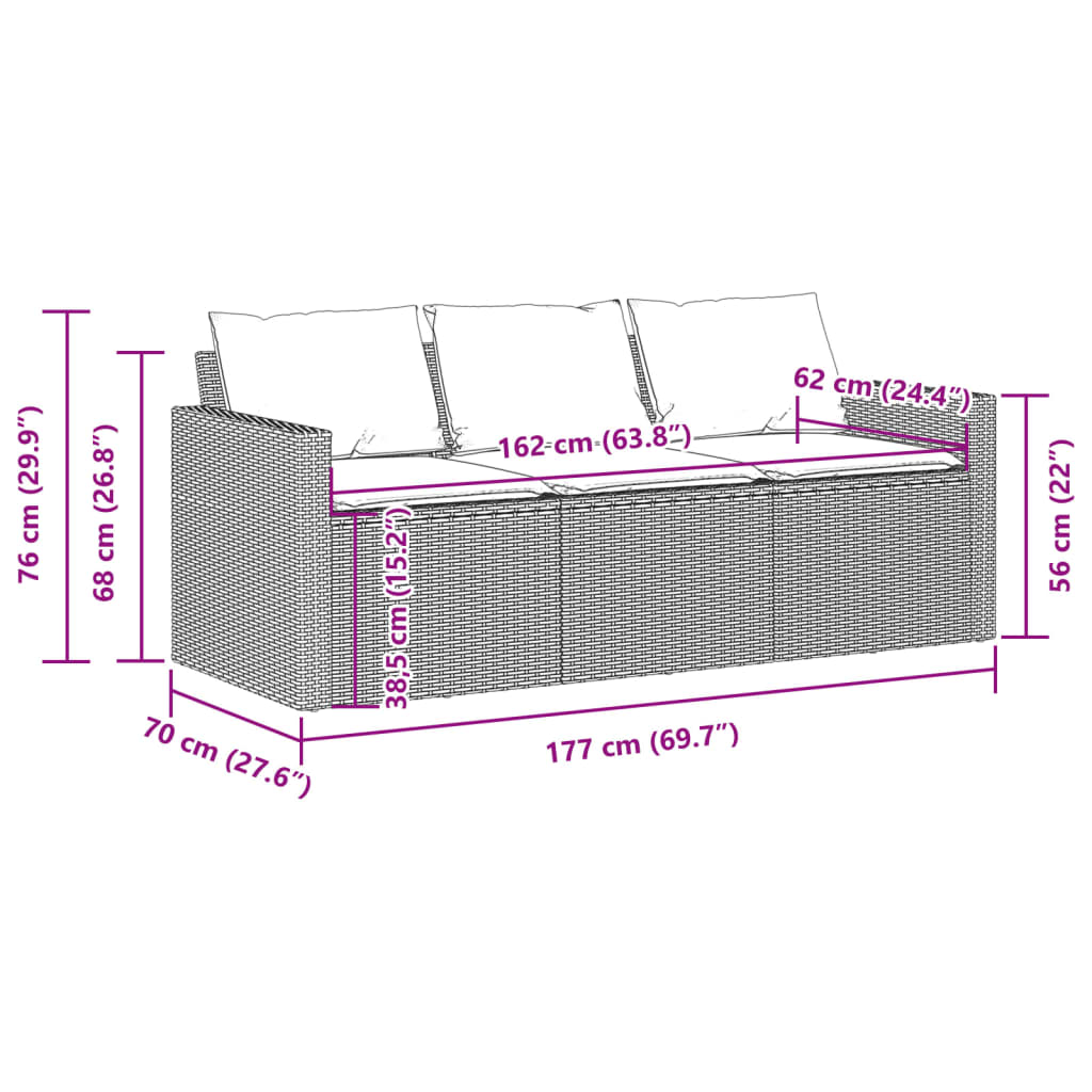 Tuinbank 3-Zits Met Kussens Poly Rattan