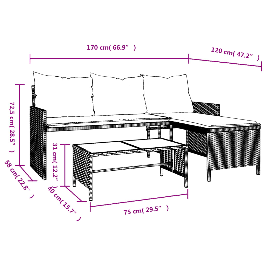 Tuinbank Met Tafel En Kussens L-Vormig Poly Rattan