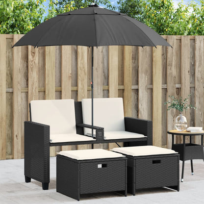 Tuinbank 2-Zits Met Parasol En Voetenbanken Poly Rattan