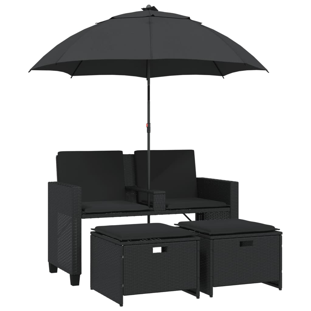 Tuinbank 2-Zits Met Parasol En Voetenbanken Poly Rattan