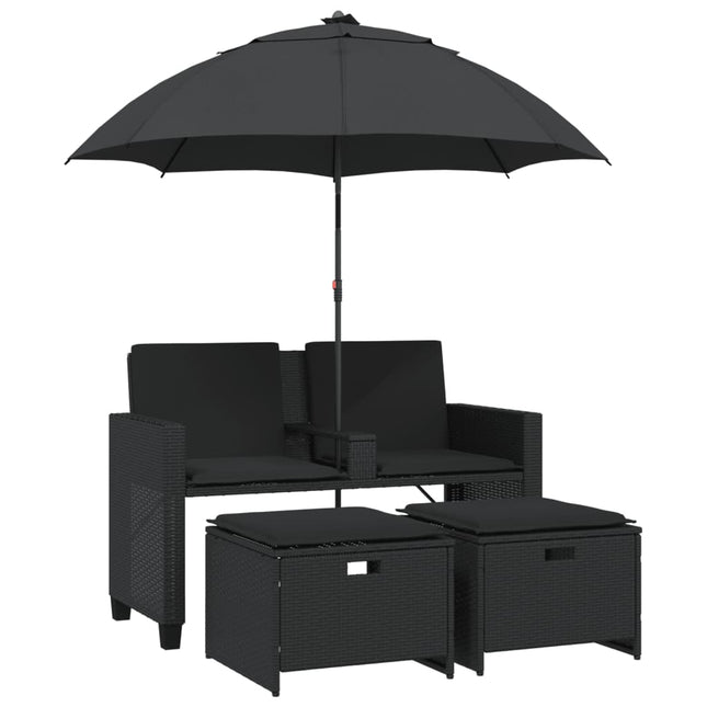 Tuinbank 2-Zits Met Parasol En Voetenbanken Poly Rattan