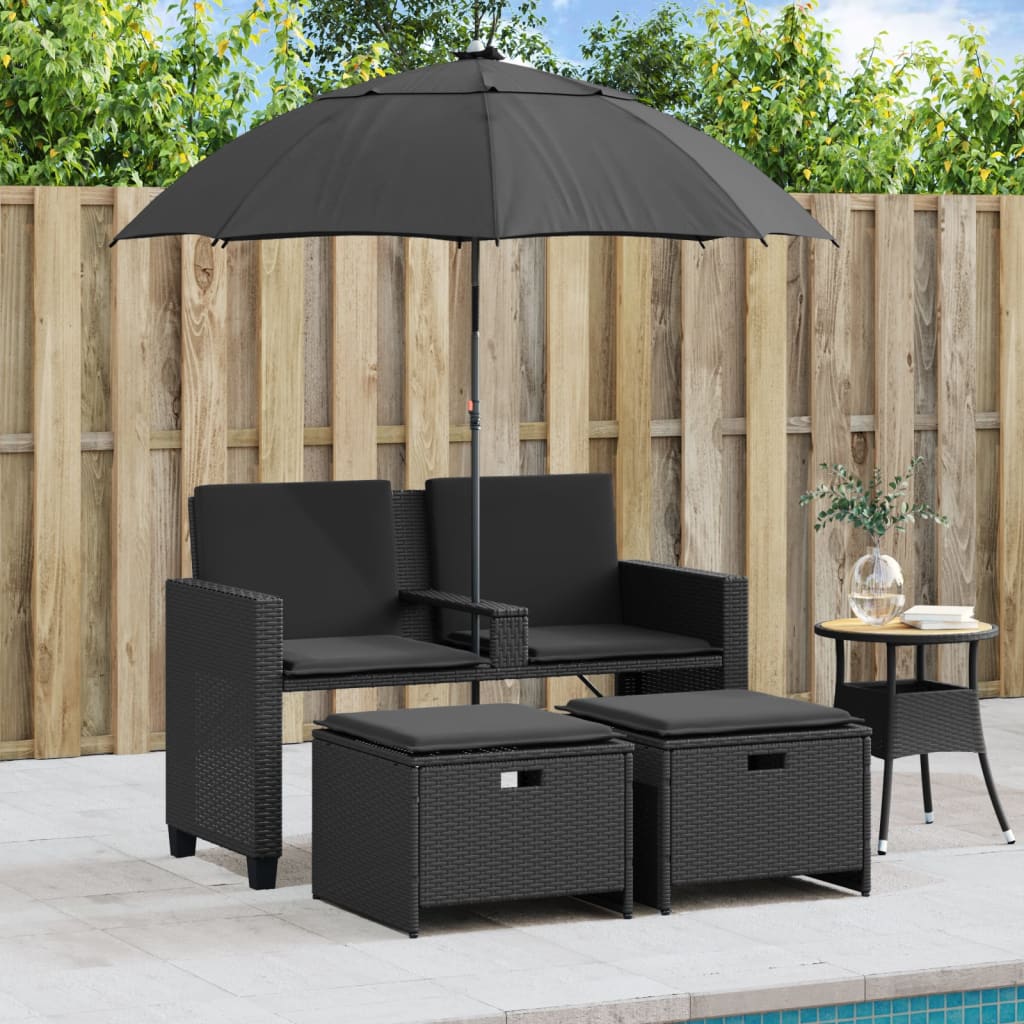 Tuinbank 2-Zits Met Parasol En Voetenbanken Poly Rattan