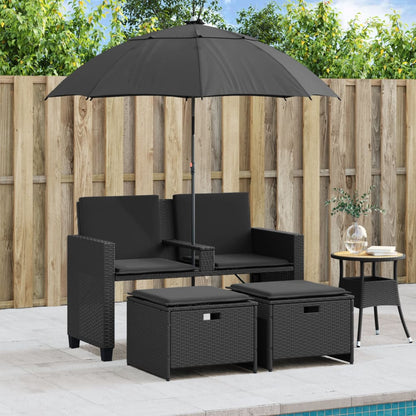 Tuinbank 2-Zits Met Parasol En Voetenbanken Poly Rattan