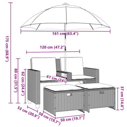 Tuinbank 2-Zits Met Parasol En Voetenbanken Poly Rattan