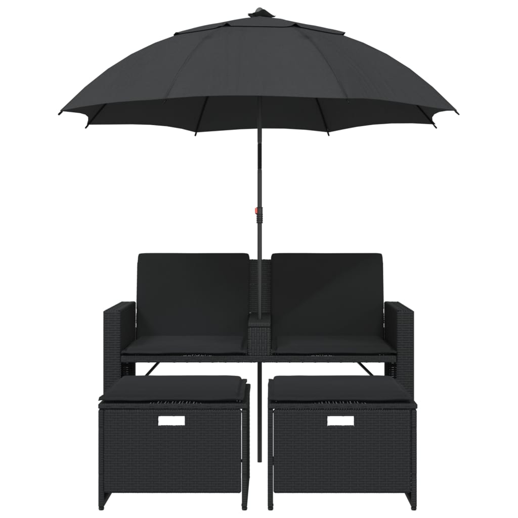 Tuinbank 2-Zits Met Parasol En Voetenbanken Poly Rattan