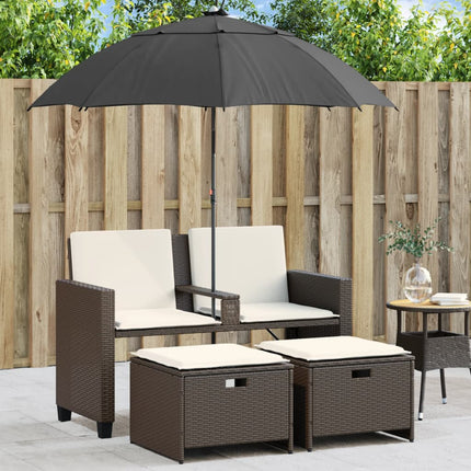 Tuinbank 2-Zits Met Parasol En Voetenbanken Poly Rattan