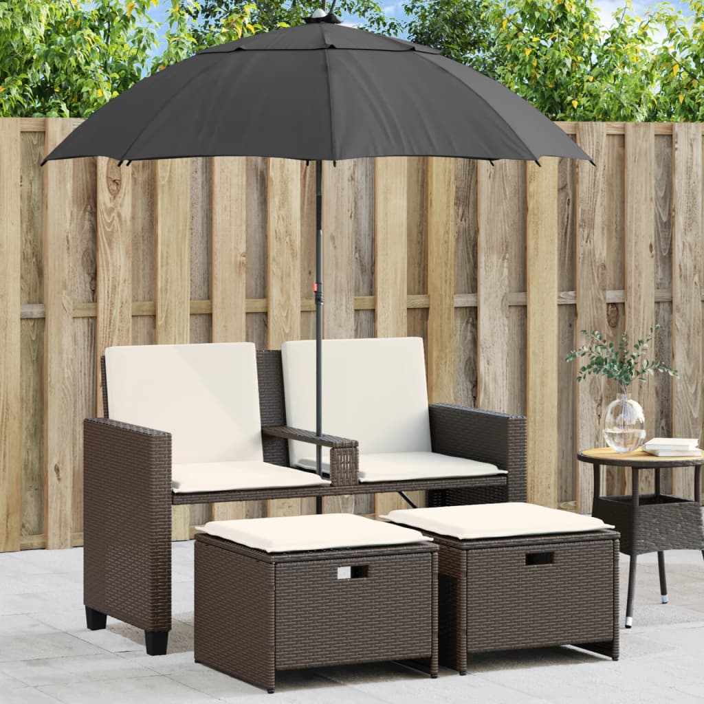 Tuinbank 2-Zits Met Parasol En Voetenbanken Poly Rattan