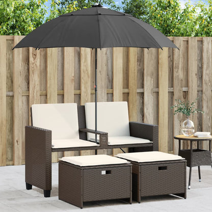 Tuinbank 2-Zits Met Parasol En Voetenbanken Poly Rattan