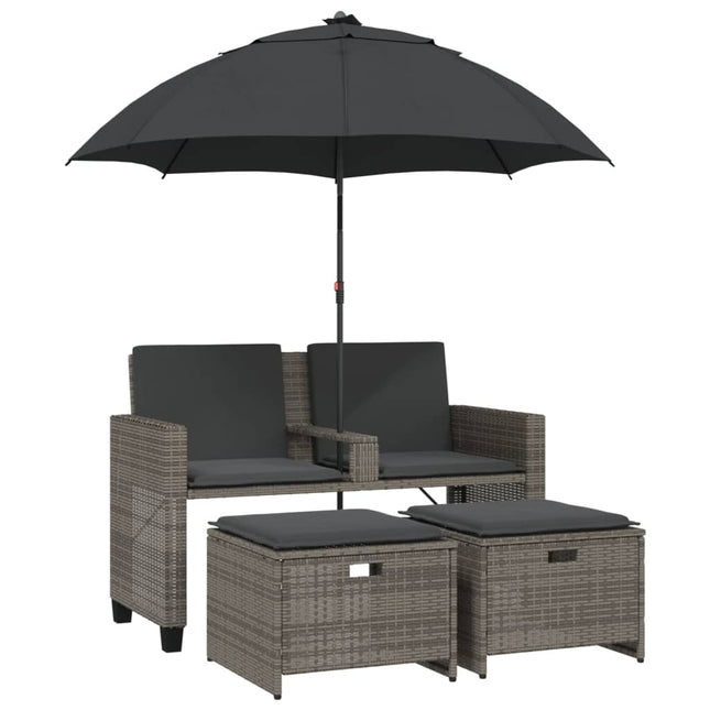 Tuinbank 2-Zits Met Parasol En Voetenbanken Poly Rattan
